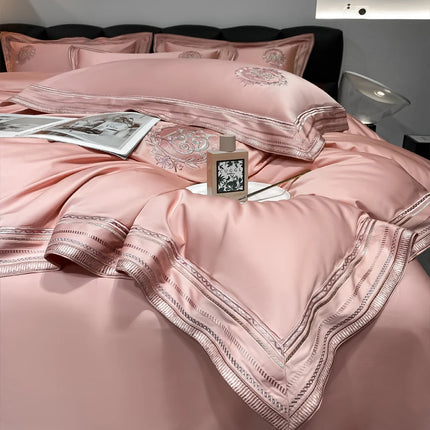 Stripe Embroidery Bedding Sets Luxury Egyptian Cotton Duvet Cover Fitted Bed Sheet Pillowcases Solid Color Mattress Cover