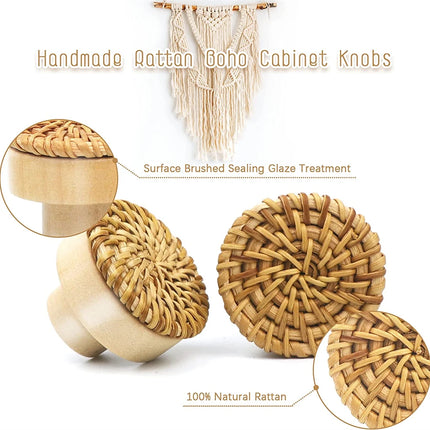 Rattan Wooden Drawer Knobs Round Handmade Cabinets Dresser Handles Wood Kitchen Cupboard Wardrobe Door Pulls for Furniture
