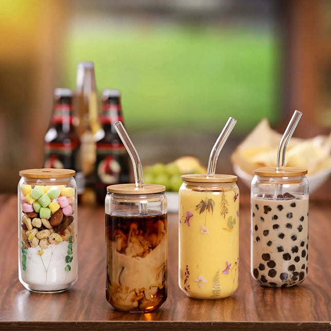 Leeseph Coffee Mug Glass Cup With Lid and Straw Transparent Coffee Tea Milk Juice Cold Drinking Cup Bar Kitchen Accessories