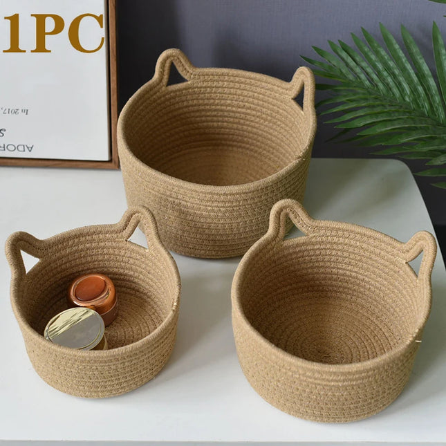 Cotton thread basket woven basket storage basket desktop storage home storage suppliesCat ears round storage basket
