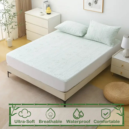 1Pc Cooling Bamboo Fiber Mattress Protector -Waterproof & Ultra-Soft Knit, Breathable Fitted Sheet with Blue Leaf Design