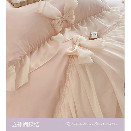 French Princess Style Bedding Sets Ruffle Lace Bow Quilt Cover Romantic Bedclothes Decor Woman Girls Bedroom Duvet Cover 4pcs