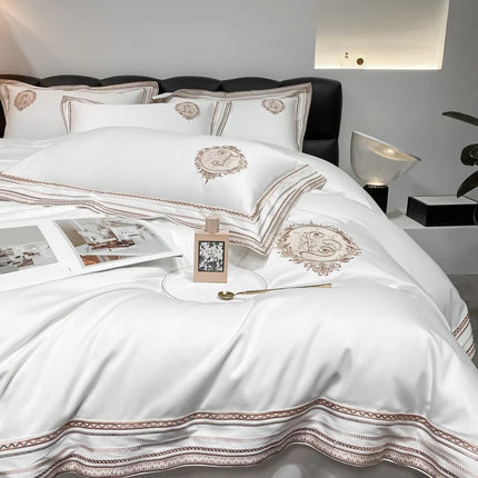 Stripe Embroidery Bedding Sets Luxury Egyptian Cotton Duvet Cover Fitted Bed Sheet Pillowcases Solid Color Mattress Cover