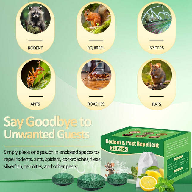 Mouse Rodent Repellent, 25 Pack Peppermint Oil Pest Repellent for Mouse, Rodent, Rat, Mice, Squirrel, Spider, Natural Effective Mouse Deterrent Trap for Indoor Outdoor Use, Safe for Humans & Pets