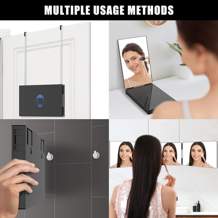 3 Way Mirror with LED for Hair Cutting, Tri-Fold Mirror for Shaver and Makeup, Adjustable Telescoping Hooks-With LED Version