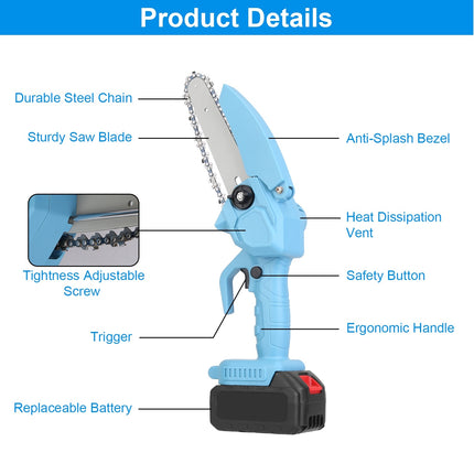 1Pc Electric Mini Chainsaw1Pc  Portable Handheld Cordless Small Chain Saw Battery Powered With 2Pcs 2200mAh Rechargeable Batteries 4in Or 6in Chains For Pruning Trees Wood Cutting