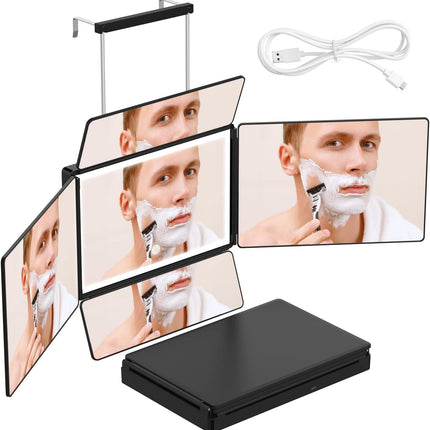 3 Way Mirror with LED for Hair Cutting, Tri-Fold Mirror for Shaver and Makeup, Adjustable Telescoping Hooks-With LED Version